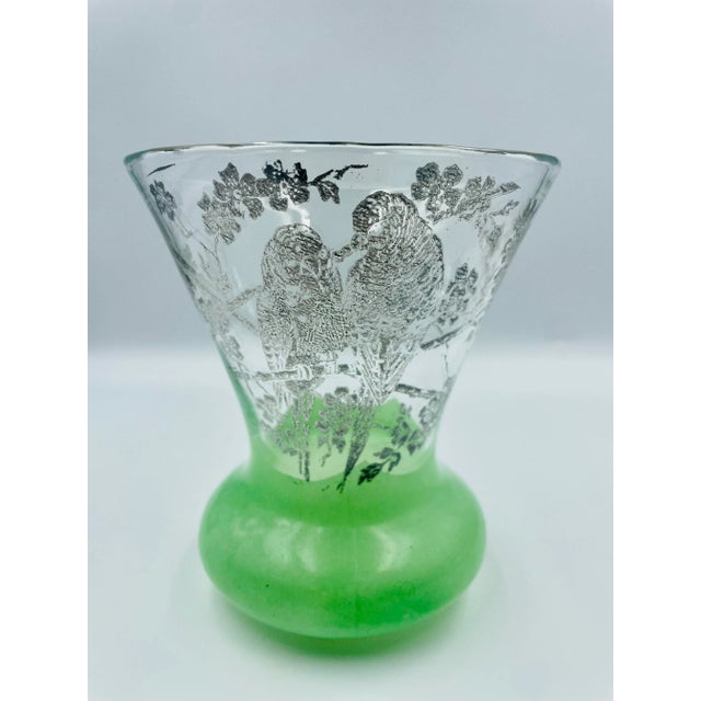 Traditional Mid 20th Century Parrot Motif Silver Overlay and Mint Colored Vase For Sale - Image 3 of 12