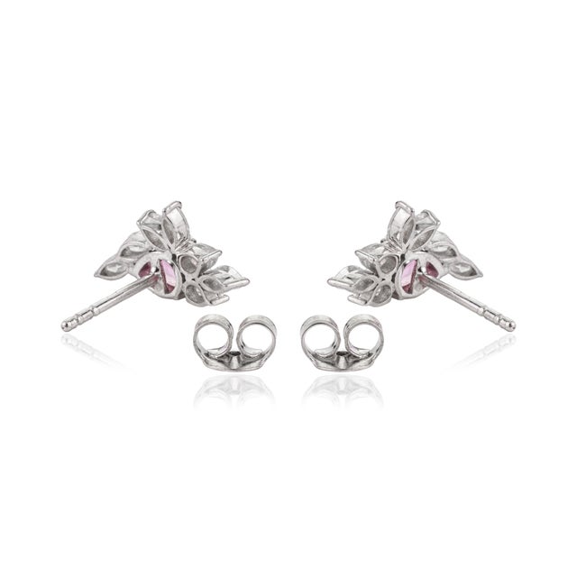 14k Gold Natural Pink Sapphire & Diamond Artistic Cluster Stud Earrings- A Pair For Sale - Image 9 of 14