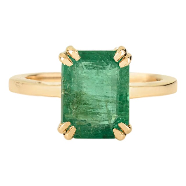 Double Prong Set Art Deco 2 Ct Emerald Engagement Ring Size 5 in 14k Solid Gold For Sale