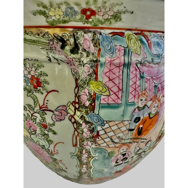 Wood Large Hand-Painted Vintage Chinese Famille Rose Fishbowl Planter With Stand For Sale - Image 7 of 11