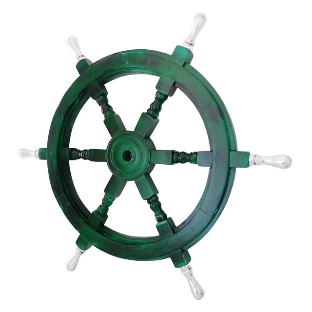 Vintage Nautical Handcrafted Green Wooden Ship Wheel With Aluminium Hub & Handle For Sale - Image 4 of 6
