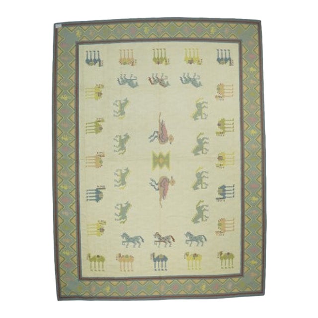 Vintage Dhurrie Rug in Cream and Blue With Animal Pictorials, From Rug & Kilim For Sale
