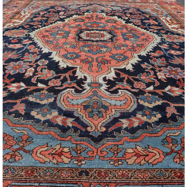 Shabby Chic Antique Persian Serapi-Heriz Rug With Geometrics Design in Midnight Blue 7'3"x11'0" For Sale - Image 3 of 12