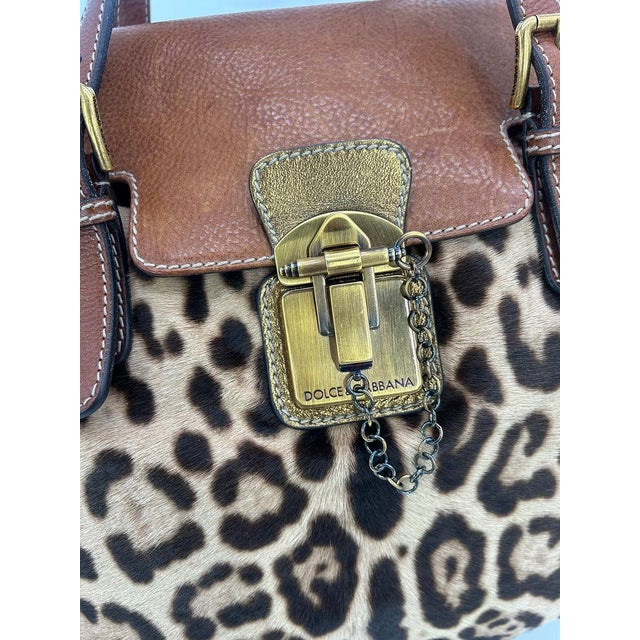 Metal Mid 20th Century Dolce and Gabbana Leopard Print Pony Hair Tan Leather Miss Privee Shoulder Bag For Sale - Image 7 of 11