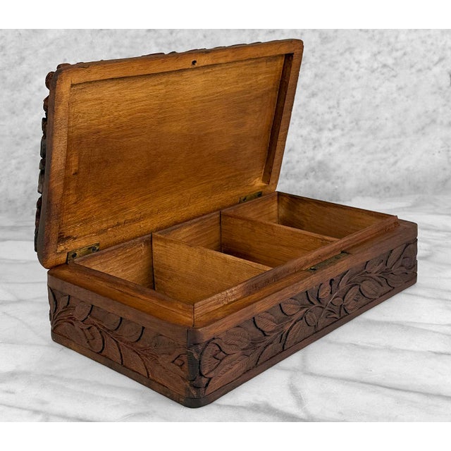 Mid 20th Century Vintage Traditional Walnut Heavily Carved Storage Box For Sale - Image 5 of 11
