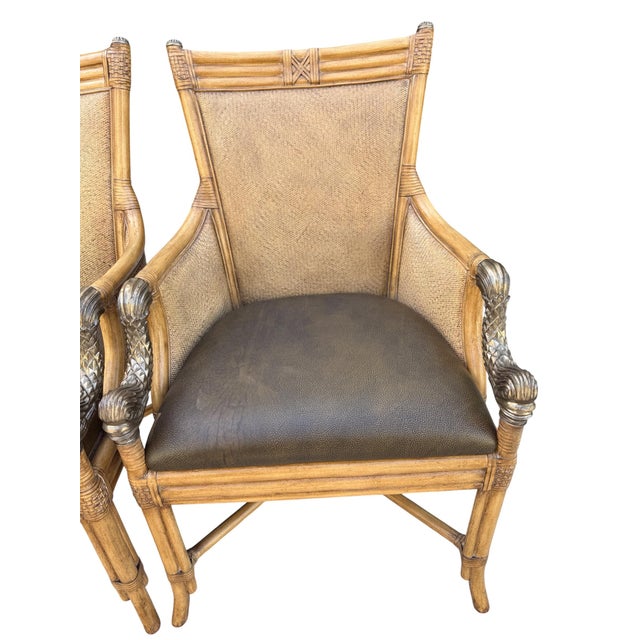 Wood Set of 4 Asian Chinoiserie Faux Bamboo Armchairs With Sculptural Metal Fish Motifs For Sale - Image 7 of 17