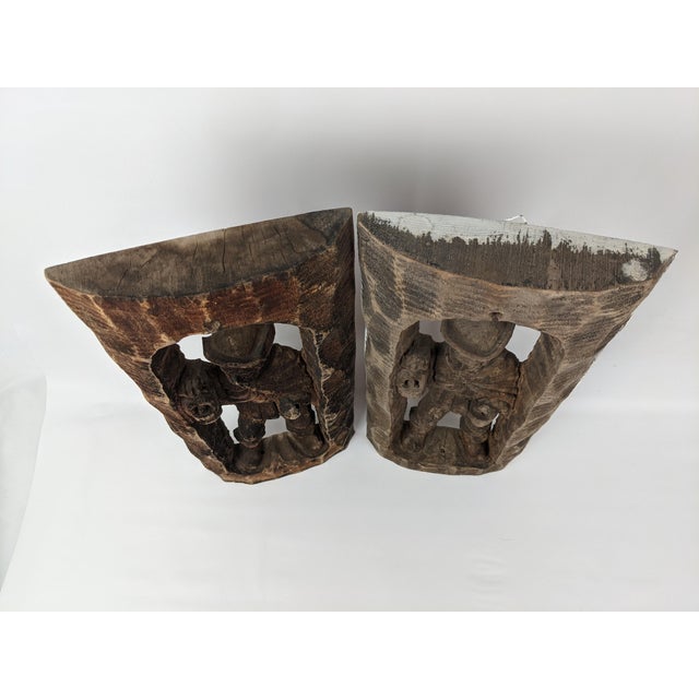Pair of Mid-Century European Hand-Carved Wood Watchman Figural Relief Panels, Brown For Sale - Image 9 of 12