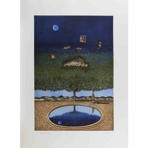 Color lithograph on paper. Hand signed. Artist Proof. Excellent condition. This poetic work by Franco Fortunato presents a...