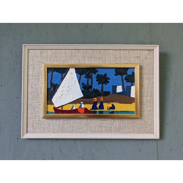 SEASIDE Size: 28.5 x 41 cm (including frame) Oil on Board A small yet impactful mid-century modernist painting, executed...