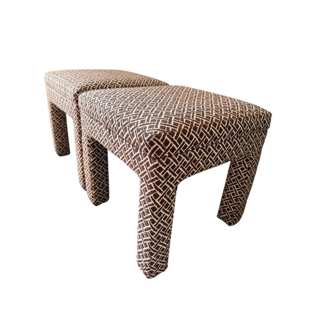 Pair of Milo Baughman style pillow topped Parsons ottomans. A gorgeous midcentury modern print, these stools are ready to...