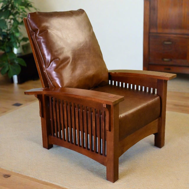 "Timeless Comfort - Craftsman/Mission Leather and Oak Morris Chair - Chestnut Experience the quintessential Arts and...