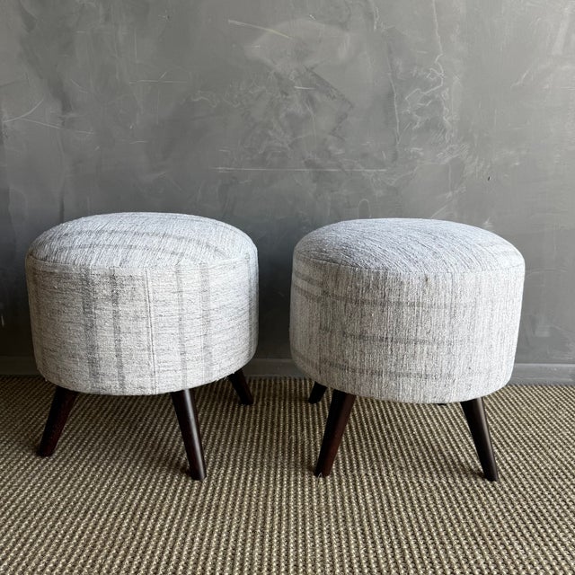 Pair of Off-white Ottomans Made From Vintage Turkish Rugs With Wood Legs For Sale - Image 4 of 8