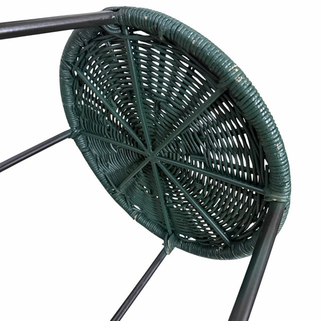 Late 20th Century Vintage Forest Green Wicker Top Wire Frame Stool For Sale - Image 5 of 5