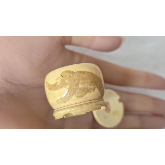 Rare Japanese Meiji Ivory Three-Piece Set With Monkeys For Sale - Image 9 of 13