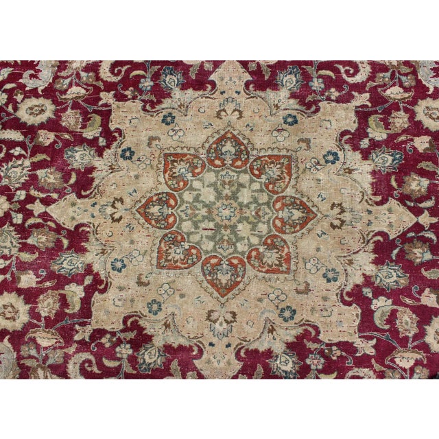 Blue Layered Floral Medallion Antique Persian Mashad Rug in Red, Blue and Cream For Sale - Image 8 of 13