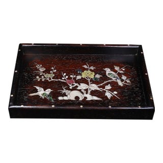 Late 20th Century Dark Wood Tea Tray With Mother-of-Pearl Bird and Floral Inlay For Sale
