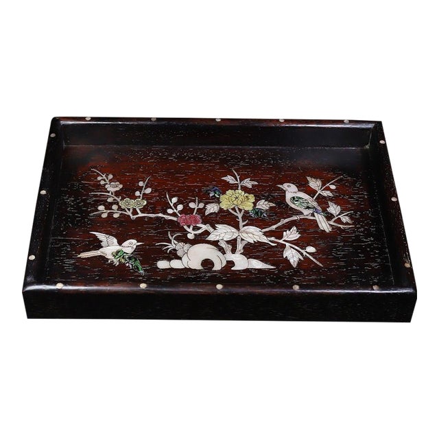 Late 20th Century Dark Wood Tea Tray With Mother-of-Pearl Bird and Floral Inlay For Sale