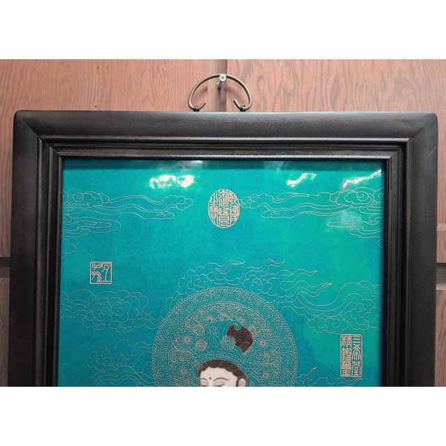 Traditional Chinese Framed Porcelain Buddhist Temple Plaque Kuan Yin For Sale - Image 3 of 5