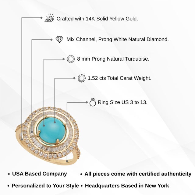 Art Deco Revival 1.52ct Round Turquoise & Diamond Halo Ring Size 4 in 14k Yellow Gold For Sale - Image 13 of 17