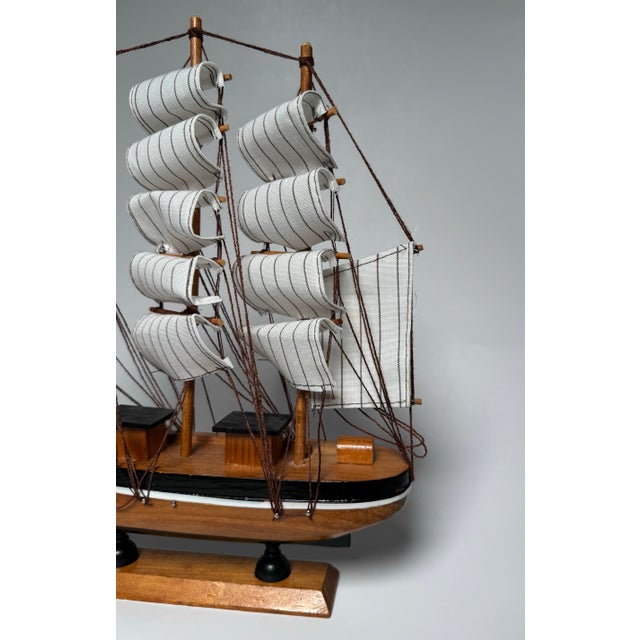 Vintage Americana Nautical Wooden Decorative Clipper Tall Ship Model, Black, White & Brown For Sale In Houston - Image 6 of 12