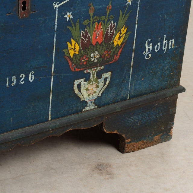 1926 Original Blue Hand-Painted Pine Flat Top Trunk For Sale - Image 13 of 15