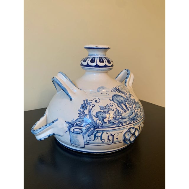 English Vintage Italian Hand Painted Blue and White Faience Pottery Jug Vase For Sale - Image 3 of 12