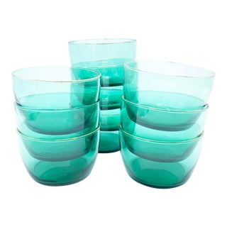 Mid-Century Modern Libbey Emerald - Teal & Gold Rim Glass Bowls - 10 Pieces For Sale