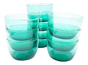 Mid-Century Modern Libbey Emerald - Teal & Gold Rim Glass Bowls - 10 Pieces