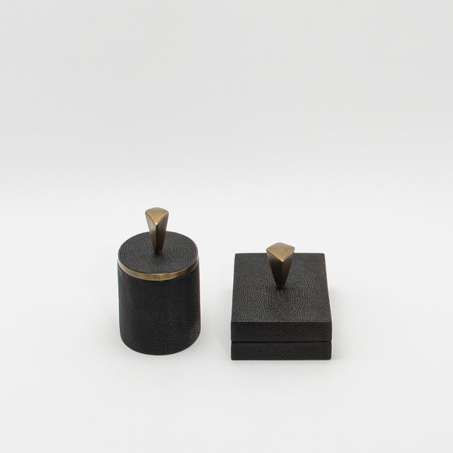 Kifu Paris Set of 2 Boxes in Black Shagreen With Bronze Patina Brass Knob by Kifu Paris For Sale - Image 4 of 9