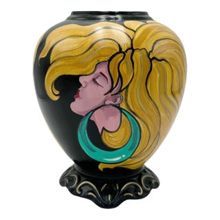 Deco Fine Art Hand Painted Ceramic Vase Blonde Woman Portrait Art Pottery 2014 For Sale