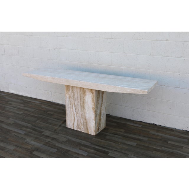 1970s Italian Postmodern Beige Travertine Stone Pedestal Console Table For Sale - Image 4 of 18