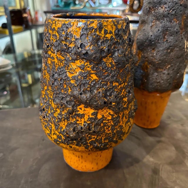 Two 1980s Modernist Orange and Black Fat Lava Ceramic German Vases For Sale - Image 10 of 11