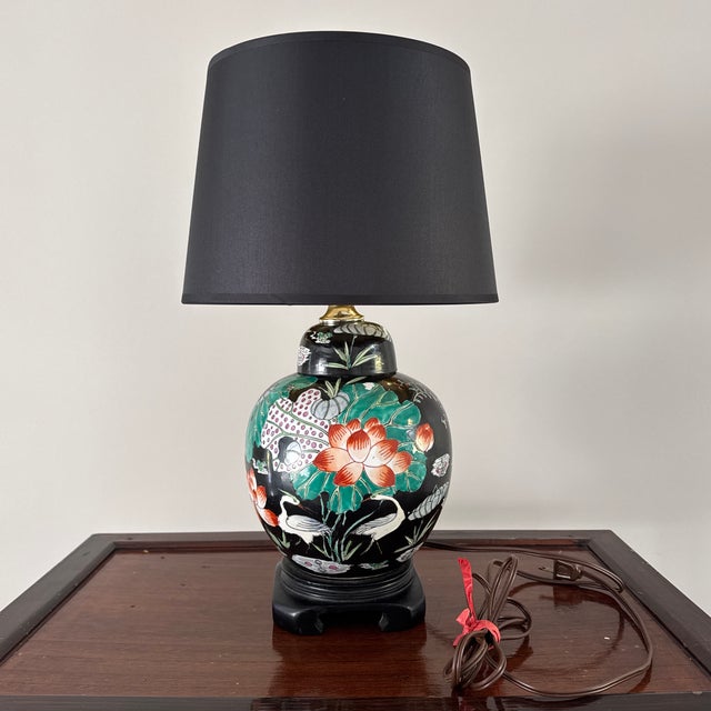 Vintage Chinese Ginger Jar Table Lamp With Cranes & Lilies - 16” For Sale - Image 9 of 11