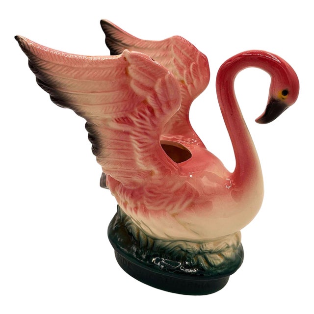 Mid 20th Century California Pottery Ceramic Pink Flamingo Table Planter W/ Dark Base For Sale