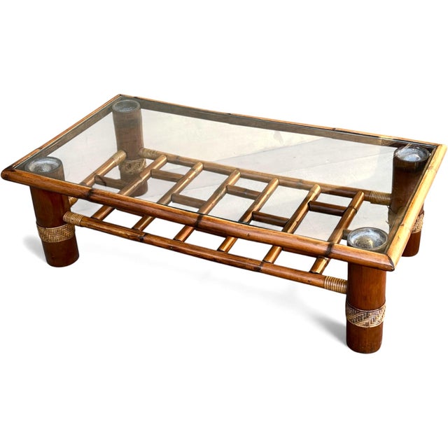English Vintage Bamboo Coffee Table With Glass Top and Rattan Details For Sale - Image 3 of 10