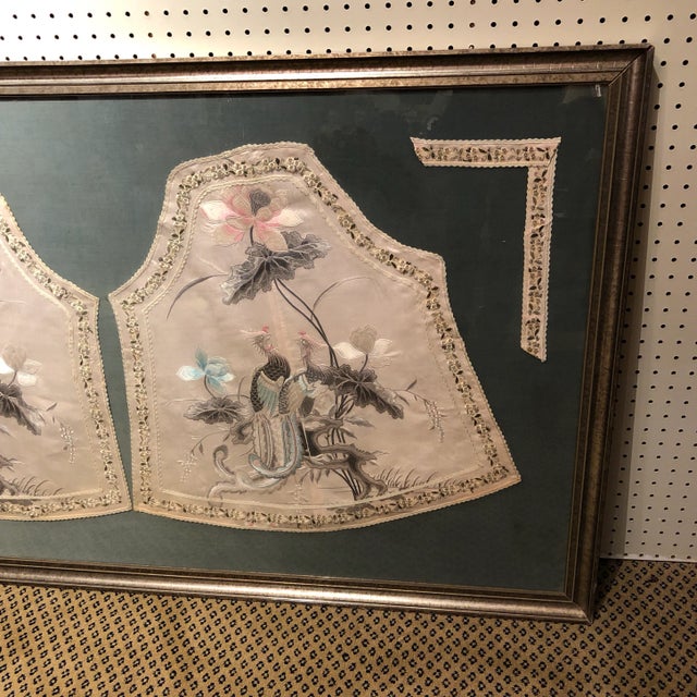 Unusual Oriental Textile With Embroidered Birds & Flowers in a Floral Foliate Border. Teal Velvet Matting In A Custom...