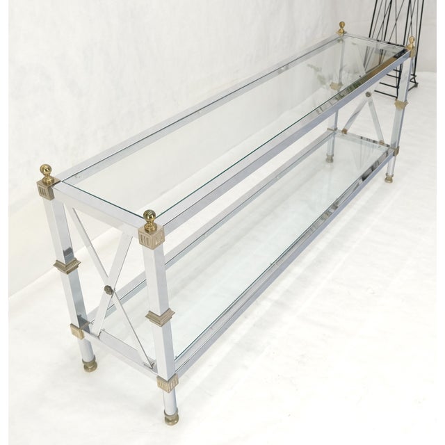 Mid-Century Modern Two Tier Glass Shelves Chrome & Brass Rectangle 60" Long Italian Console Table For Sale - Image 3 of 14