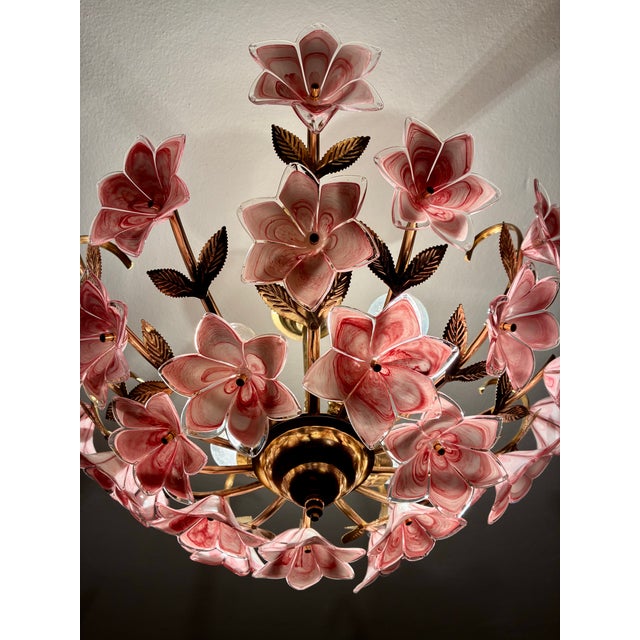1980s Vintage Murano Glass Floral Chandelier – Rare Deep Pink Flowers, Flush Mount For Sale - Image 5 of 18
