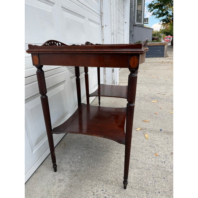 Mid 20th Century Pair of Vintage Hepplewhite Style Mahogany Side Tables With Pierced Galleries and Lower Shelves For Sale - Image 5 of 12