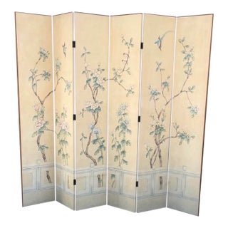 Vintage Chinoiserie Hand-Painted, Six-Panel, Folding Screen For Sale