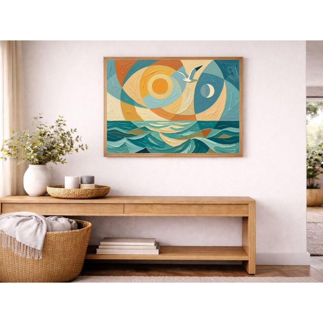 Mid-Century Modern Abstract Coastal Sunrise Painting, Geometric Ocean Art Print, 36″ × 24″ For Sale - Image 3 of 7