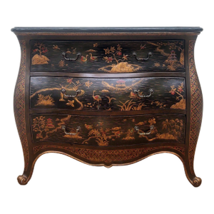 Chelsea House Custom Chinoiserie Black Bombe Commode 3 Drawer Chest