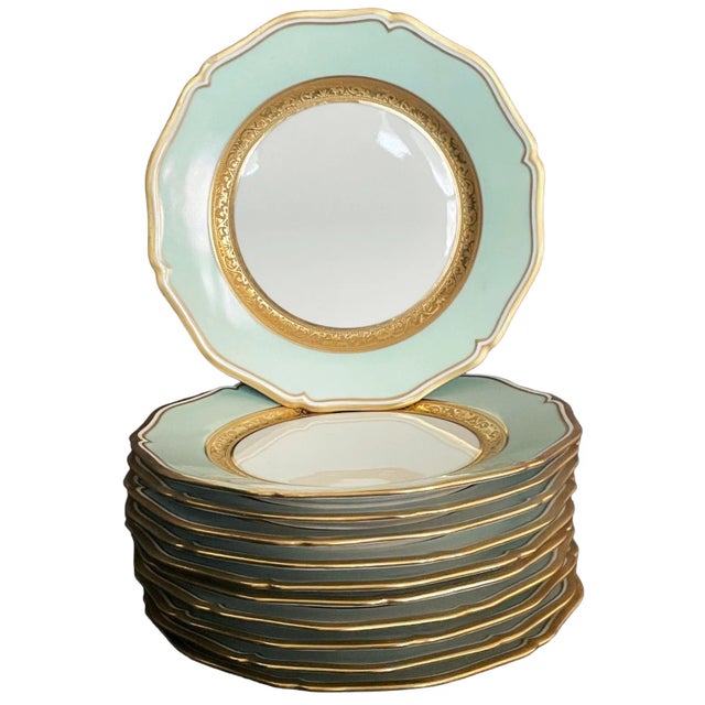 Raynaud Limoges "Turenne" Mint Green and Gold Encrusted Porcelain, 20 Pieces For Sale - Image 4 of 5
