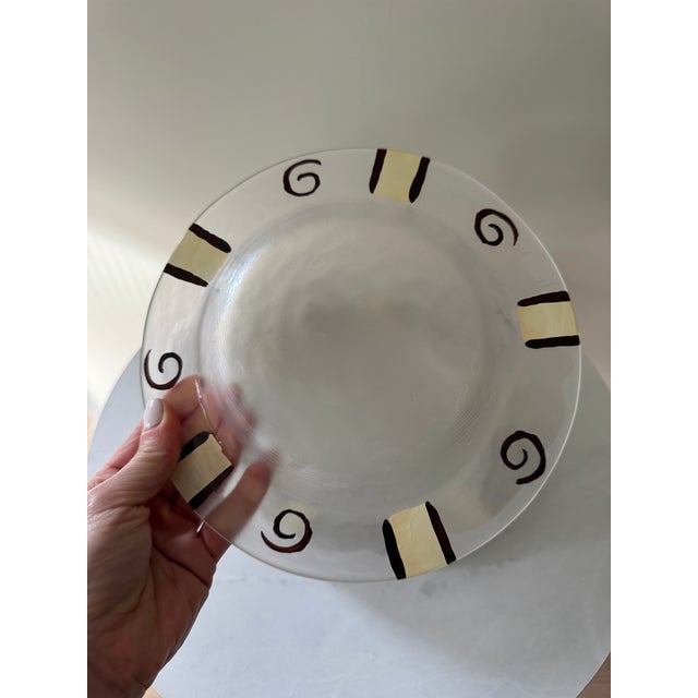 1990s Set of 5 Vintage Frosted Glass Appetizer/Salad Plates | Brown Swirl & Cream Block Border | 1990s Postmodern Dinnerware | Retro Side Plates For Sale - Image 5 of 6