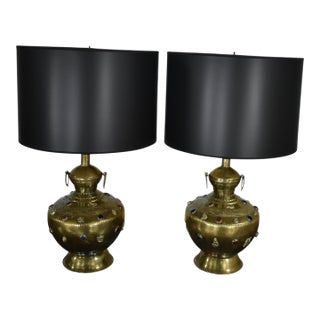 Tibetan Brass Lamps Hand Hammered With Glass Jewel Detail & New Black Shades, a Pair For Sale