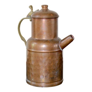 Vintage French Hammered Copper Teapot Pitcher With Brass Handle, 1960s For Sale