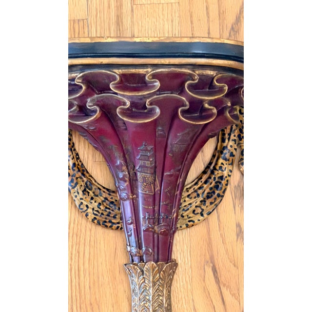 Maitland - Smith Red Chinoiserie Decorated Wall Shelves Hand Painted With Leopard Swags and Gold Accents For Sale - Image 4 of 12
