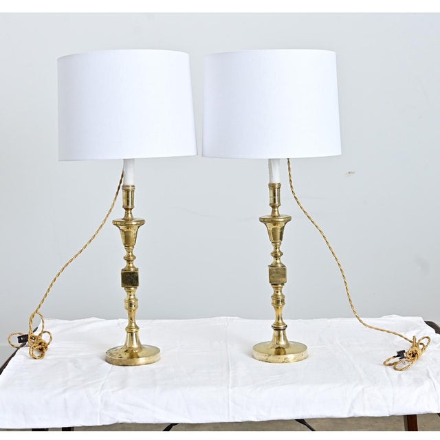 Vintage French Brass Candlestick Lamps - a Pair For Sale - Image 12 of 12