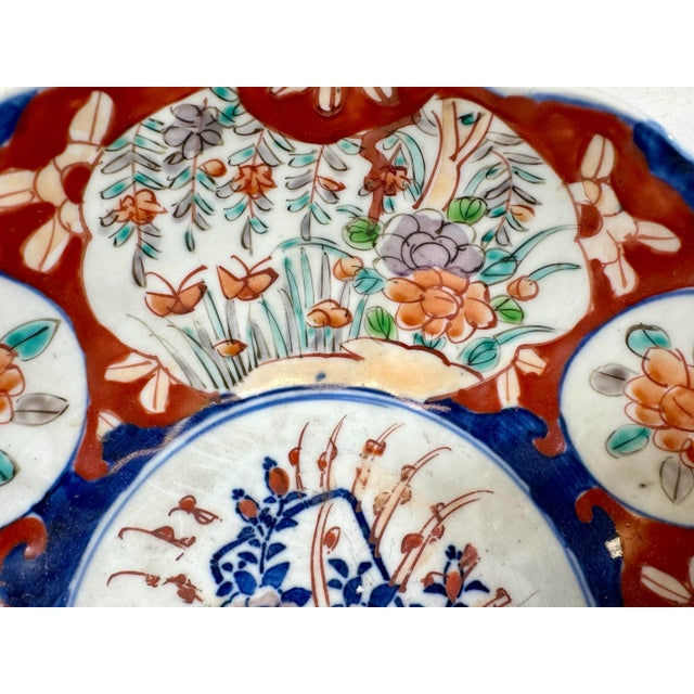 Ceramic Vintage Scalloped Edge Imari Bowl Decorated With Colorful Floral Patterns & Butterflies From Japan - Circa 1940 For Sale - Image 7 of 12