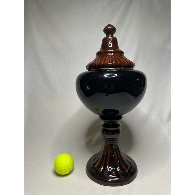 Ebony Neoclassical Crackle Glazed Ceramic Lidded Urn, Large, Brown and Black For Sale - Image 8 of 12